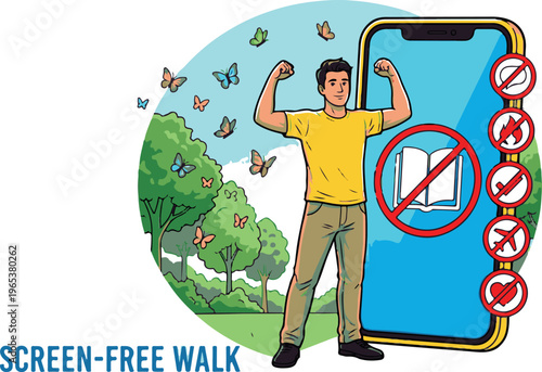 A man celebrating a screen-free walk in a park with butterflies flying around him and a large phone with no symbols on the side