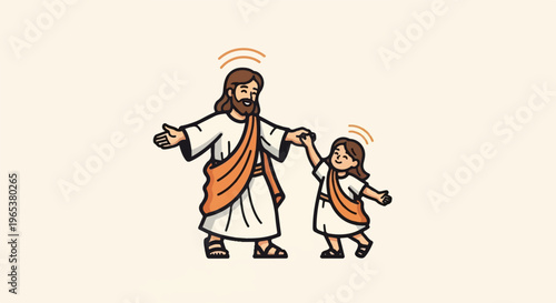 A joyful figure with a halo holds hands with a child, both smiling warmly