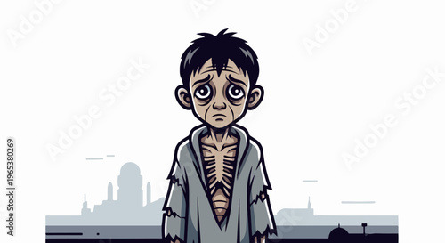 A sad, emaciated child stands before a desolate, silhouetted cityscape