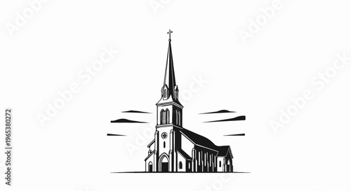 Stylized black and white illustration of a church with a tall steeple