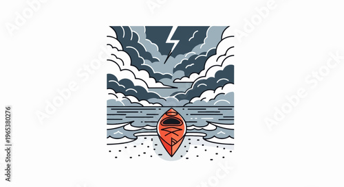 A kayak sits on a beach as a lightning storm brews over the ocean