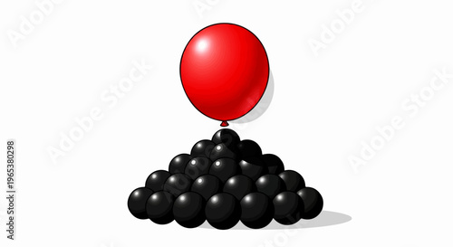 A red balloon floats above a pyramid of black spheres