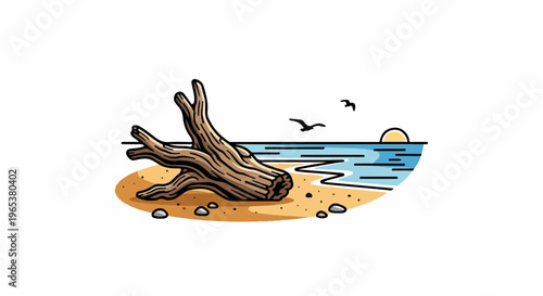 A stylized illustration of a weathered log resting on a sandy beach with waves and two birds
