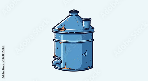 A weathered blue metal drum with a spigot and cap, showing rust spots