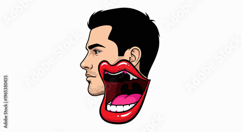 A stylized profile of a man's head with an open, bright red mouth emerging