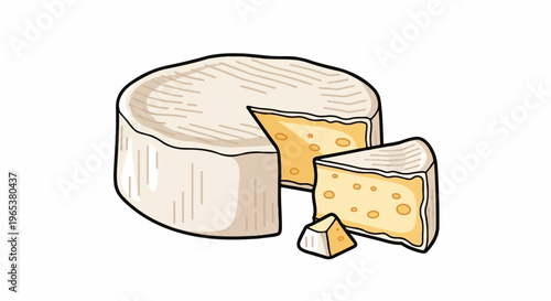 A whole round cheese with a slice cut out and a small piece