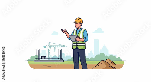 A construction worker in a hard hat and vest stands at a building site holding a tablet