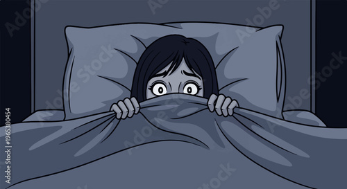 A terrified person peeks out from under a blanket in a dark room at night