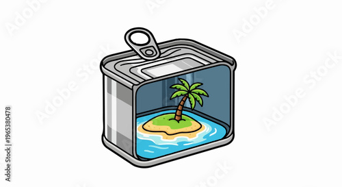 A tin can opened to reveal a tropical island scene inside