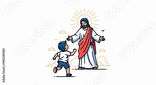 A young boy runs toward a divine figure radiating light