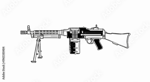 Stylized line art of a heavy machine gun with bipod and ammo