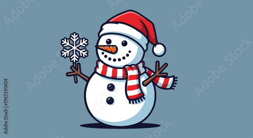 Adorable snowman wearing a Santa hat and scarf, holding a snowflake