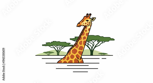 Stylized giraffe and trees in a savanna landscape, with water