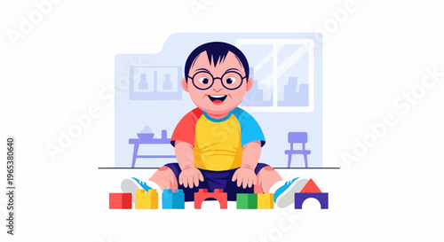 A smiling child in glasses plays with colorful building blocks on the floor