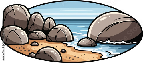 Stylized cartoon beach with rocks, sand, and gentle waves