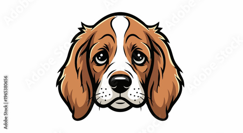 A stylized brown and white dog's face with large expressive eyes