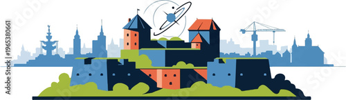 Stylized cityscape featuring a castle, modern buildings, and an atomic symbol