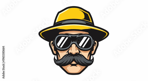 A stylized illustration of a man with a prominent mustache and sunglasses