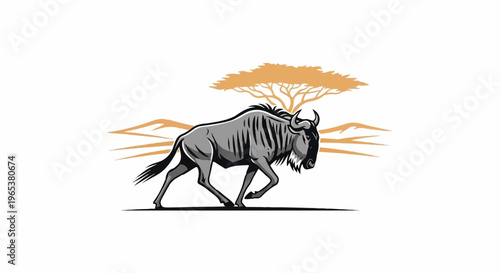 A stylized wildebeest runs across a savanna with an acacia tree and hills
