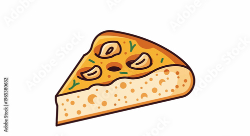 A stylized slice of cheese pizza with green herbs and toppings