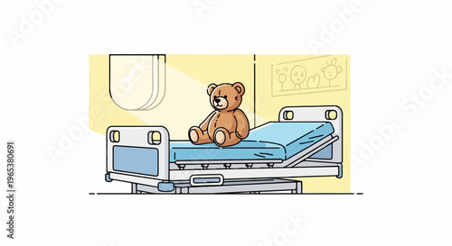 A teddy bear sits alone on an empty hospital bed in a sterile room