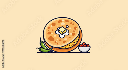 A tasty stack of pancakes topped with butter, served with chilies and berries