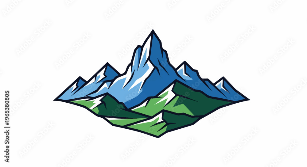 Obraz premium Stylized mountain peaks with snow-capped summits and green foothills