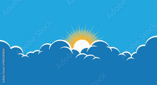Bright sun rising above fluffy white clouds against a clear blue sky