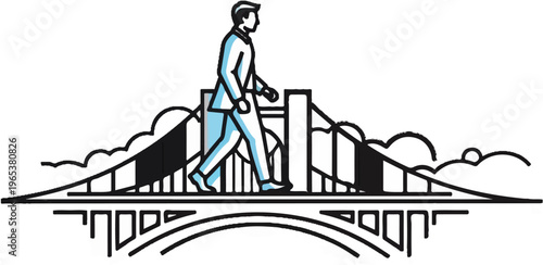 Businessman walking across a bridge with stylized clouds