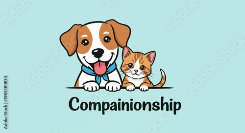 Cartoon dog and cat with "Companionship" text on blue background