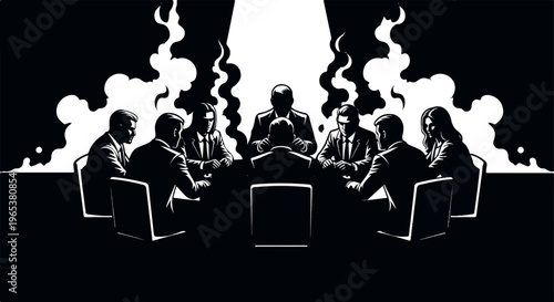 Silhouetted people in suits gathered around a table in dramatic lighting