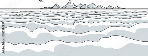 Stylized mountain range over wavy water with a distant airplane