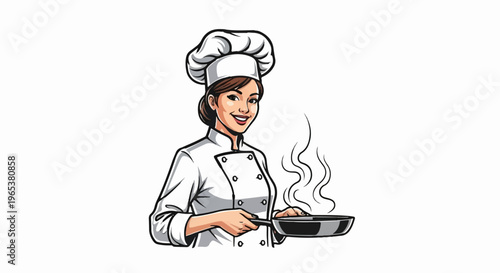Cheerful chef in uniform cooks on a stovetop with steam rising