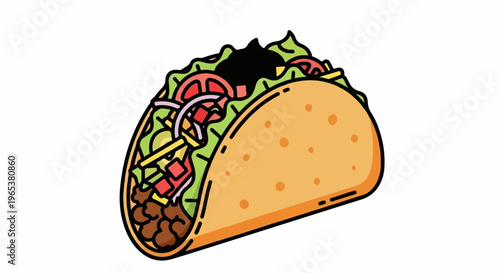 Cartoon taco filled with meat, lettuce, tomatoes, and onions