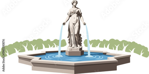 Classic garden statue fountain with water jets flowing into a basin