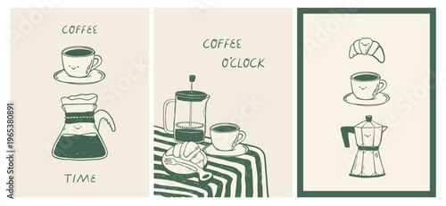 Retro coffee posters with espresso cups, croissants, moka pots and lettering quotes. Good for interior wall art decor, cards, banners, wallpapers, prints, etc. EPS 10
