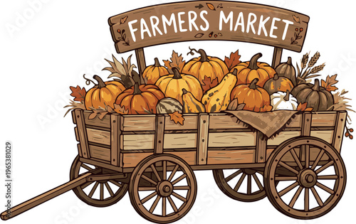 A wooden wagon filled with pumpkins and gourds at a farmers market during the fall season