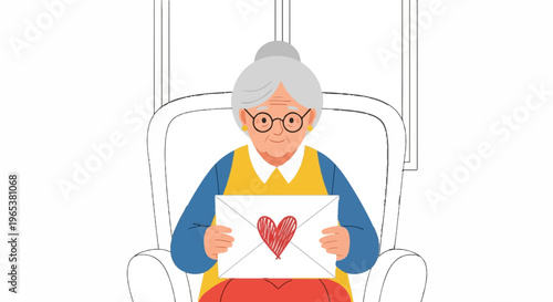 Elderly woman in a chair holding a letter with a heart
