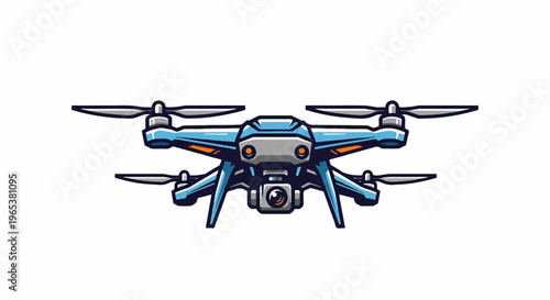 Cartoon illustration of a blue and orange multi-rotor drone with a camera