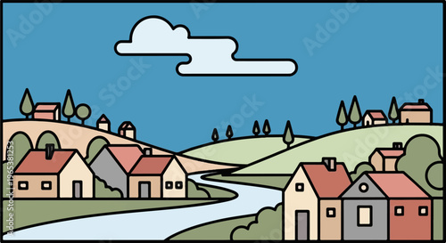 Stylized village scene with rolling hills, a river, and simple homes