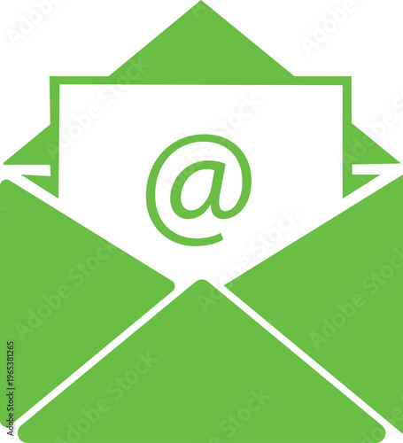 Green email icon with at sign in white envelope  email symbol  communication logo  mail icon  digital correspondence