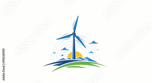 Stylized wind turbine stands tall over mountains at sunrise