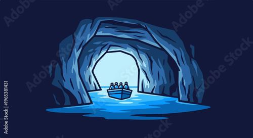 People in boat navigating through a dark cave entrance with glowing blue water
