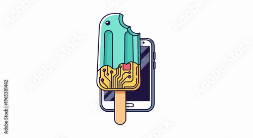 Bitten popsicle with circuit board texture melting on smartphone