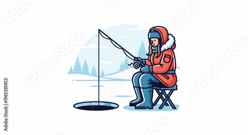 Person ice fishing in a cold, wintery landscape with trees in background