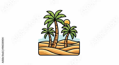 Sunny desert dunes with palm trees and sky