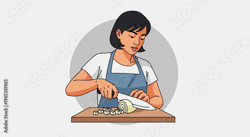 Person wearing apron chopping onion on wooden board