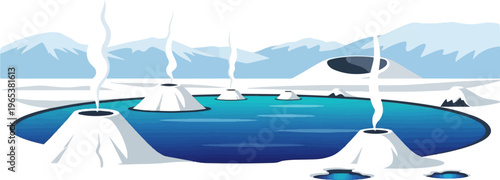 Steaming geysers in a vibrant blue geothermal pool amidst snowy mountains