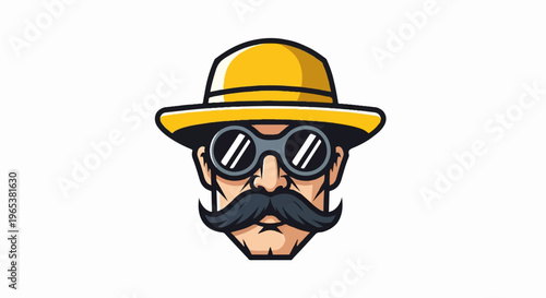 Stylized adventurer with yellow hat and goggles, bold mustache