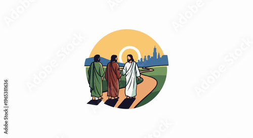 Two followers walk with a robed figure toward a city at sunset